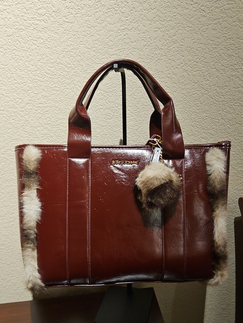 Betsey Johnson - Cherry Red Patent Leather Shoulder Bag With Faux Fur Trim